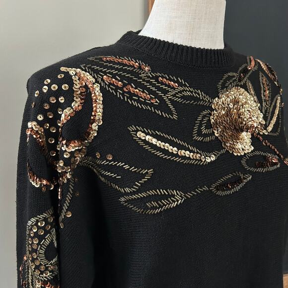 Vintage Christine Gerard Black Sequin Beaded Sweater M 80s Glam Party Dolman - Picture 7 of 11
